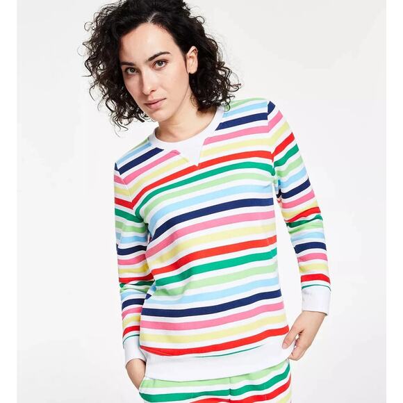 NWT Charter Club Women's Crewneck Fleece Sweatshirt Top Multicolor Stripe Small - Picture 1 of 10